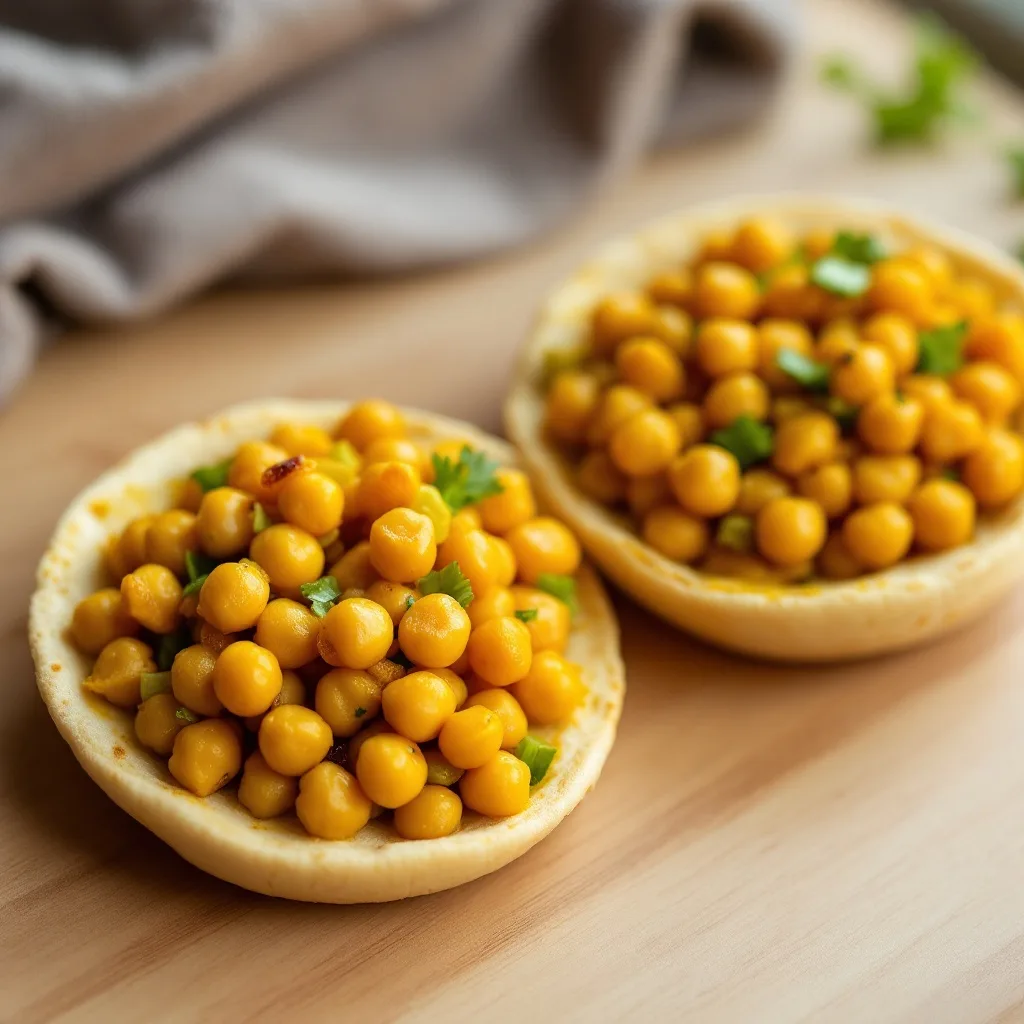 Two halves of pita bread stuffed with a yellow-tinted curried chickpea salad with visible golden raisins and diced celery.
