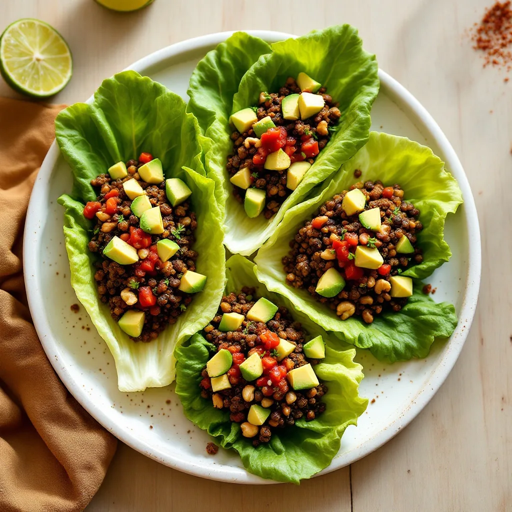 Several crisp romaine lettuce leaves on a plate filled with a dark spiced lentil-walnut mixture, topped with diced avocado, salsa, and a lime wedge.