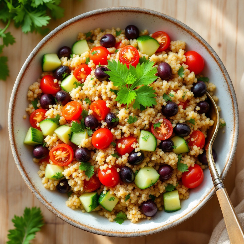 A large bowl of fluffy quinoa mixed with halved cherry tomatoes, diced cucumber, kalamata olives, and fresh parsley.