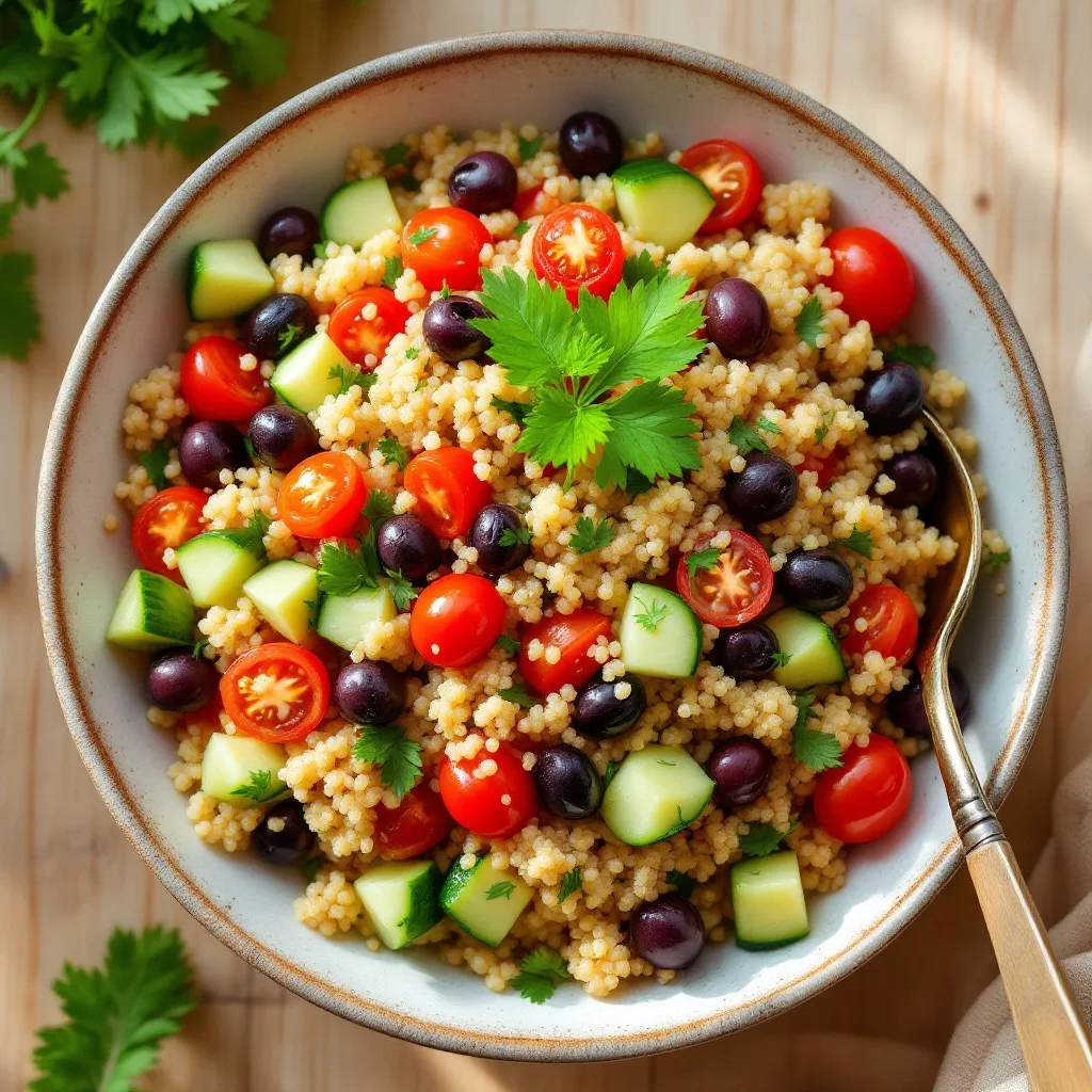 A large bowl of fluffy quinoa mixed with halved cherry tomatoes, diced cucumber, kalamata olives, and fresh parsley.