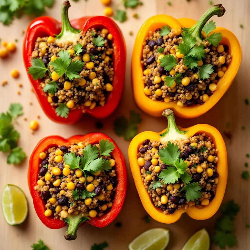 Four halved red and yellow bell peppers stuffed with a quinoa-black bean-corn mixture, garnished with fresh cilantro and lime wedges.