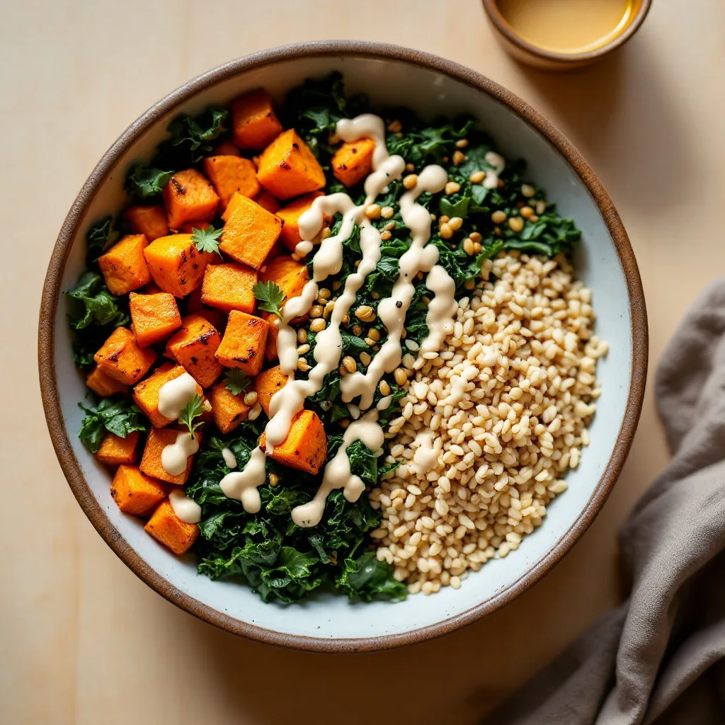 A bowl with golden roasted sweet potato cubes, dark green massaged kale, fluffy farro, and a drizzle of creamy tahini dressing.