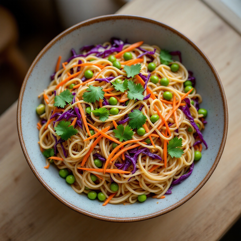 A large bowl of rice noodles tossed in creamy peanut sauce with shredded purple cabbage, carrots, edamame, and fresh cilantro.
