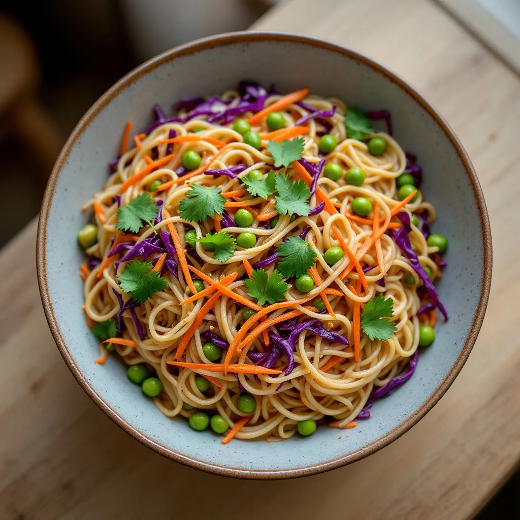 A large bowl of rice noodles tossed in creamy peanut sauce with shredded purple cabbage, carrots, edamame, and fresh cilantro.