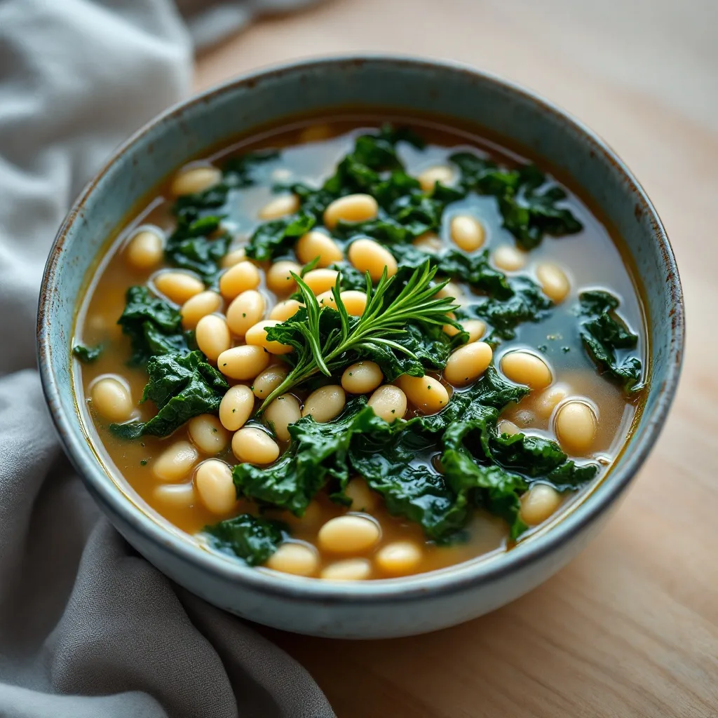 A deep bowl of brothy Italian soup with creamy white beans, dark green kale ribbons, and visible flecks of fresh rosemary.