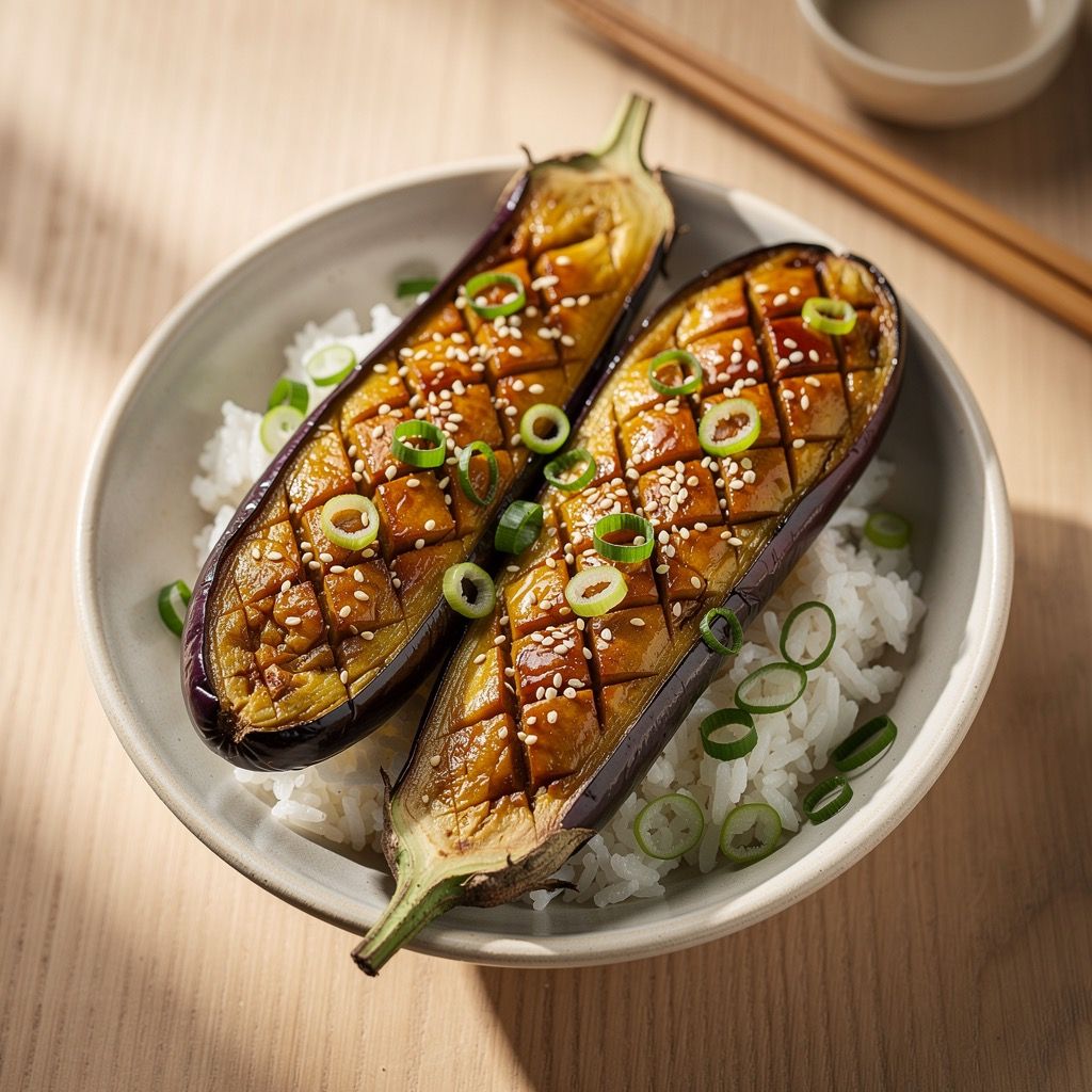 Two roasted eggplant halves with a glossy, golden-brown miso glaze scored in a crosshatch pattern, topped with sesame seeds and sliced green onions, over steamed rice.