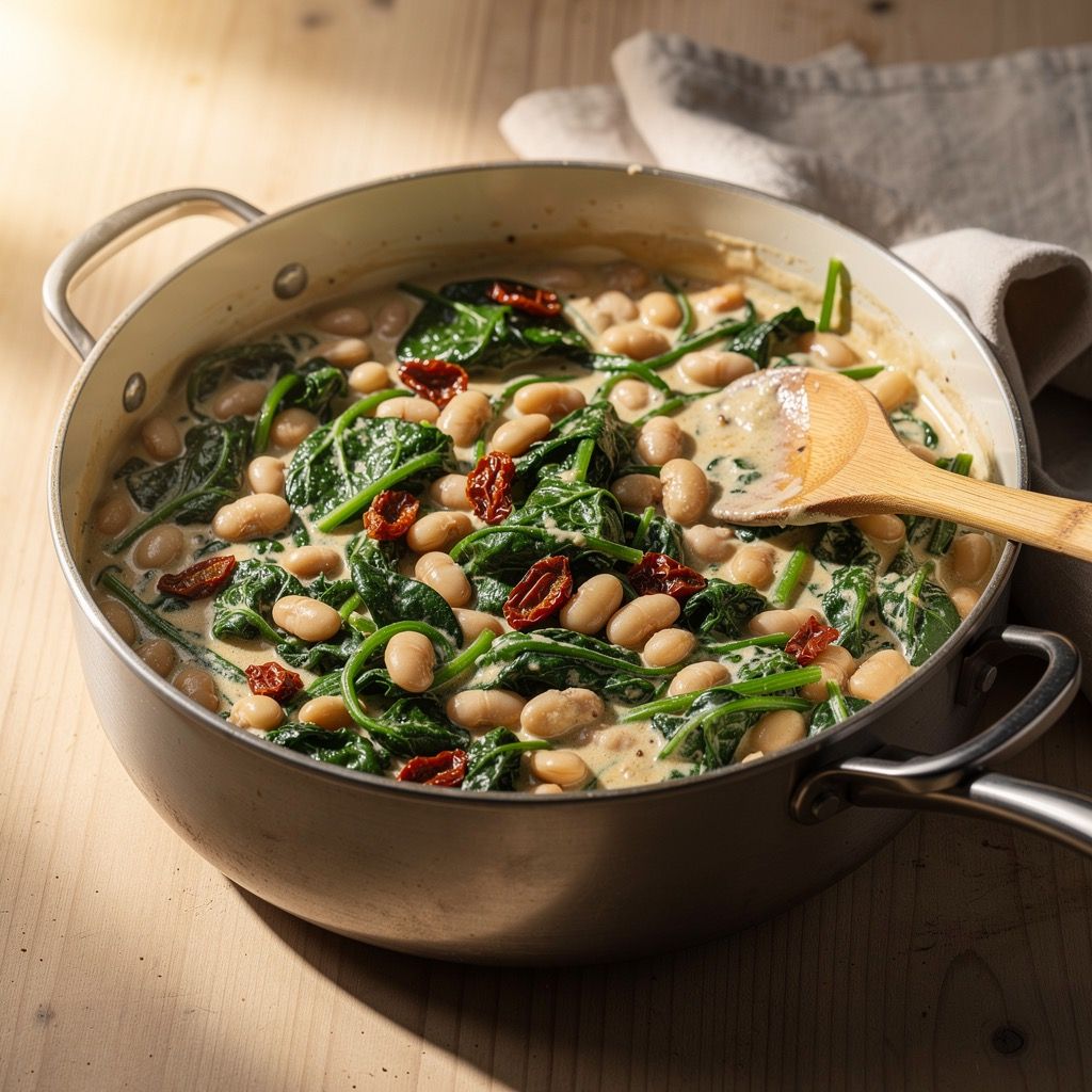 A large pot of creamy pasta with wilted spinach, white beans, and sun-dried tomato pieces visible throughout, with a wooden spoon resting on the edge.