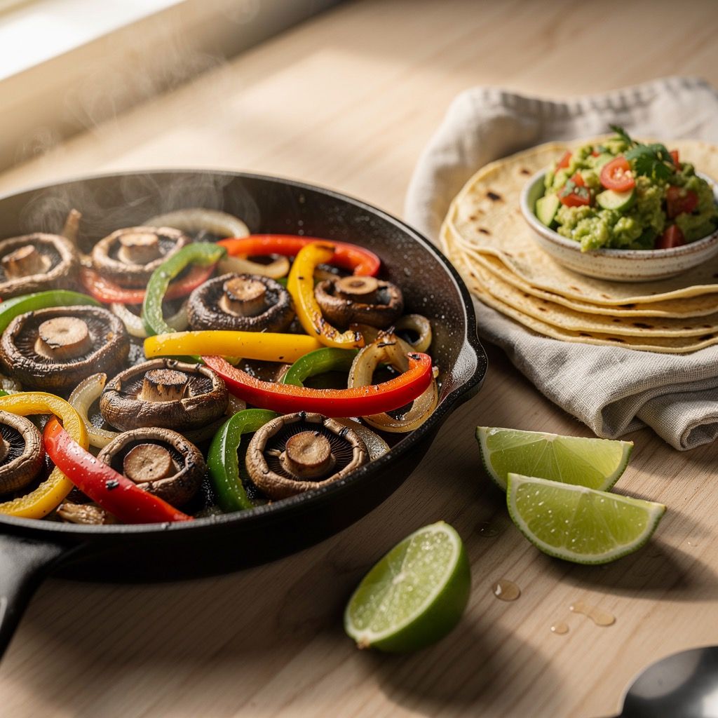 A sizzling cast-iron skillet of sliced portobello mushrooms, charred bell peppers, and onions, with warm corn tortillas, guacamole, and lime wedges on the side.