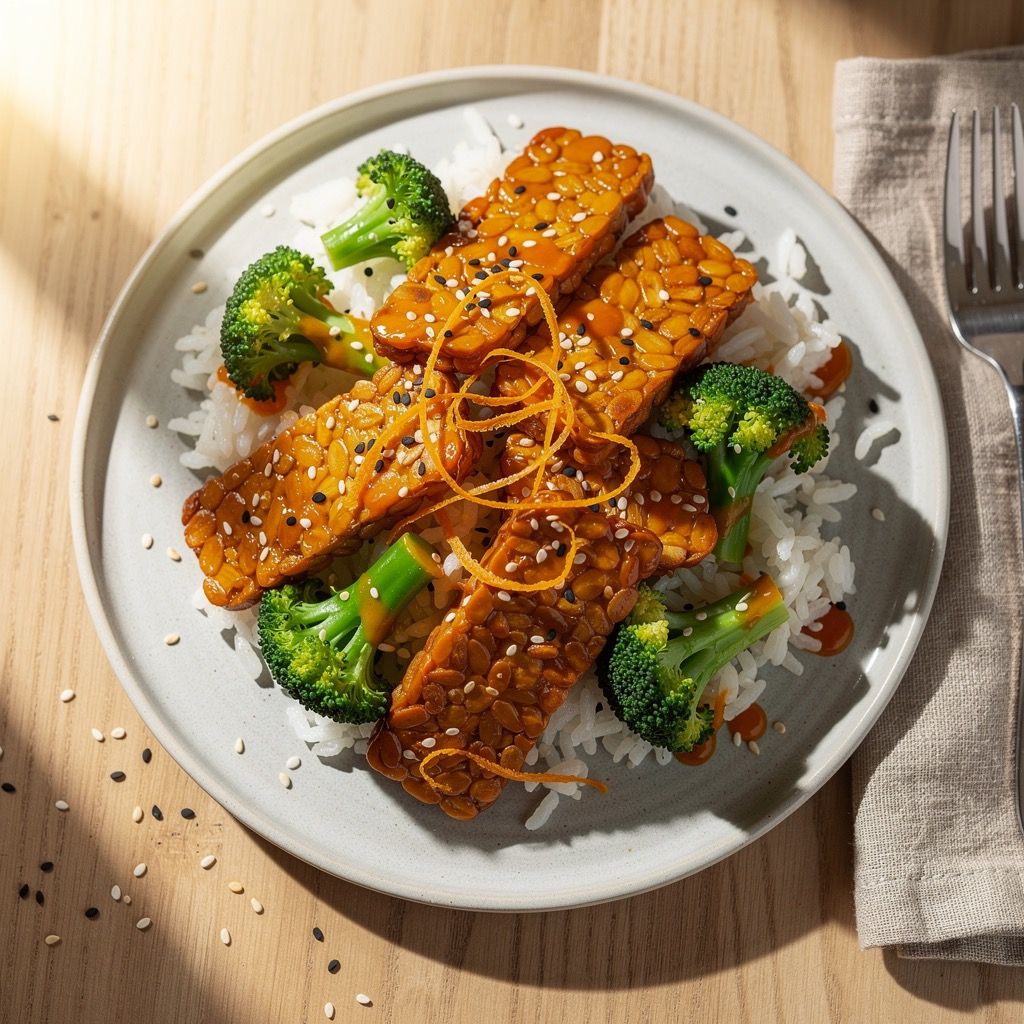A plate of golden crispy tempeh pieces and bright green broccoli florets coated in a glossy orange-sesame glaze over white rice, topped with sesame seeds and orange zest.