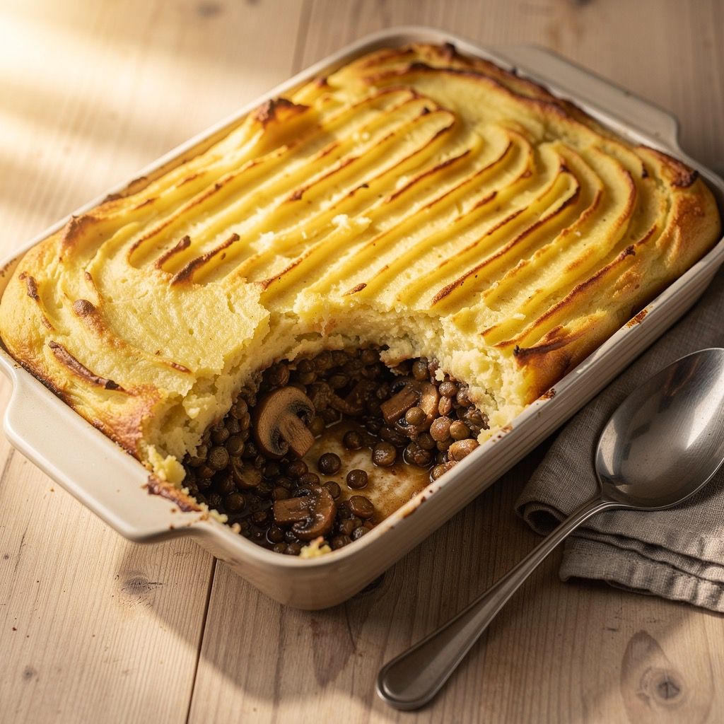 A golden-topped shepherd's pie in a baking dish with a spoonful removed, showing the dark lentil-mushroom filling beneath the creamy mashed potato layer.