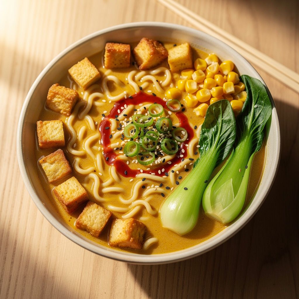 A large bowl of creamy golden ramen broth with wavy noodles, crispy tofu cubes, halved bok choy, corn kernels, and a drizzle of chili oil, garnished with green onions and sesame seeds.