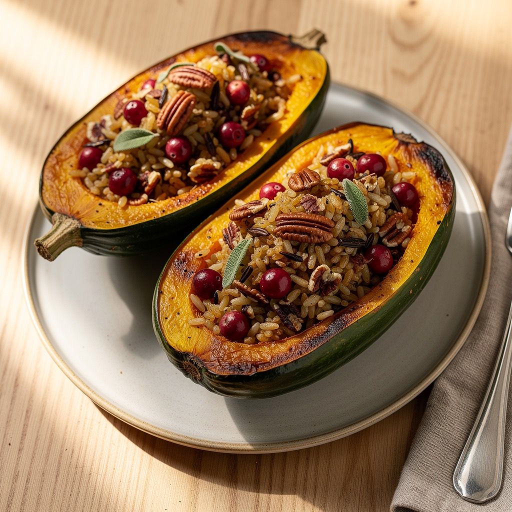 Two roasted acorn squash halves on a plate, filled with a colorful wild rice pilaf studded with red cranberries, toasted pecans, and fresh sage leaves.