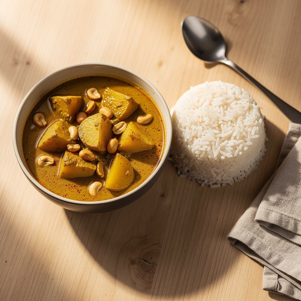 A bowl of golden-brown massaman curry with potato chunks and roasted peanuts in a thick coconut sauce, served alongside steamed jasmine rice.