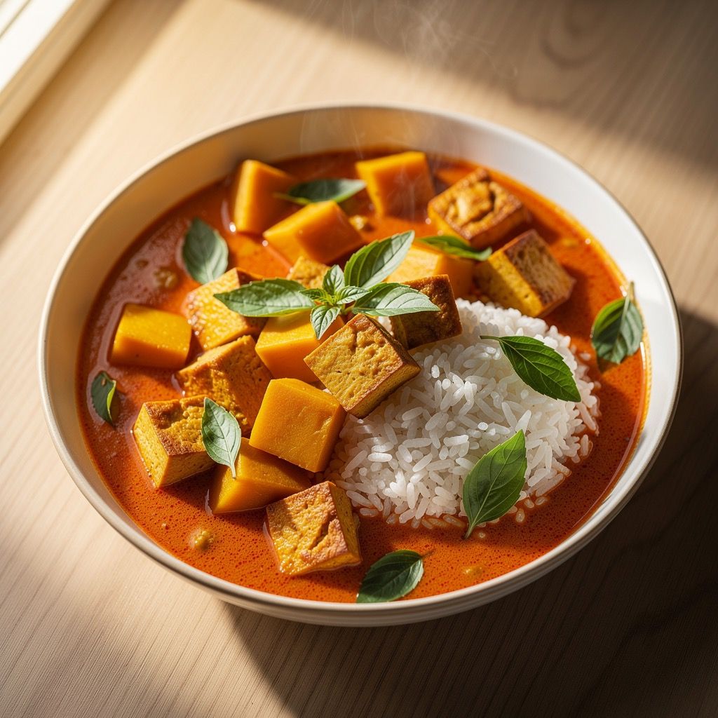 A wide bowl of bright red-orange curry with cubes of golden kabocha pumpkin, crispy tofu, and scattered Thai basil leaves, over steamed jasmine rice.