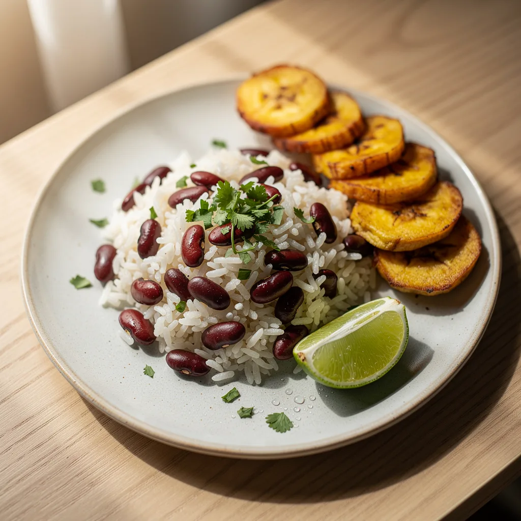 A plate of coconut rice with red kidney beans, golden fried plantain slices on the side, with a wedge of lime and fresh cilantro.. Professional food photography, overhead 3/4 angle shot, warm natural window lighting from the left, shallow depth of field with soft bokeh background, light natural wood table surface, minimal props, hyper-realistic, 8K resolution, shot on 85mm lens at f/2.8 aperture, food magazine editorial style, vibrant but natural colors, no text or watermarks.