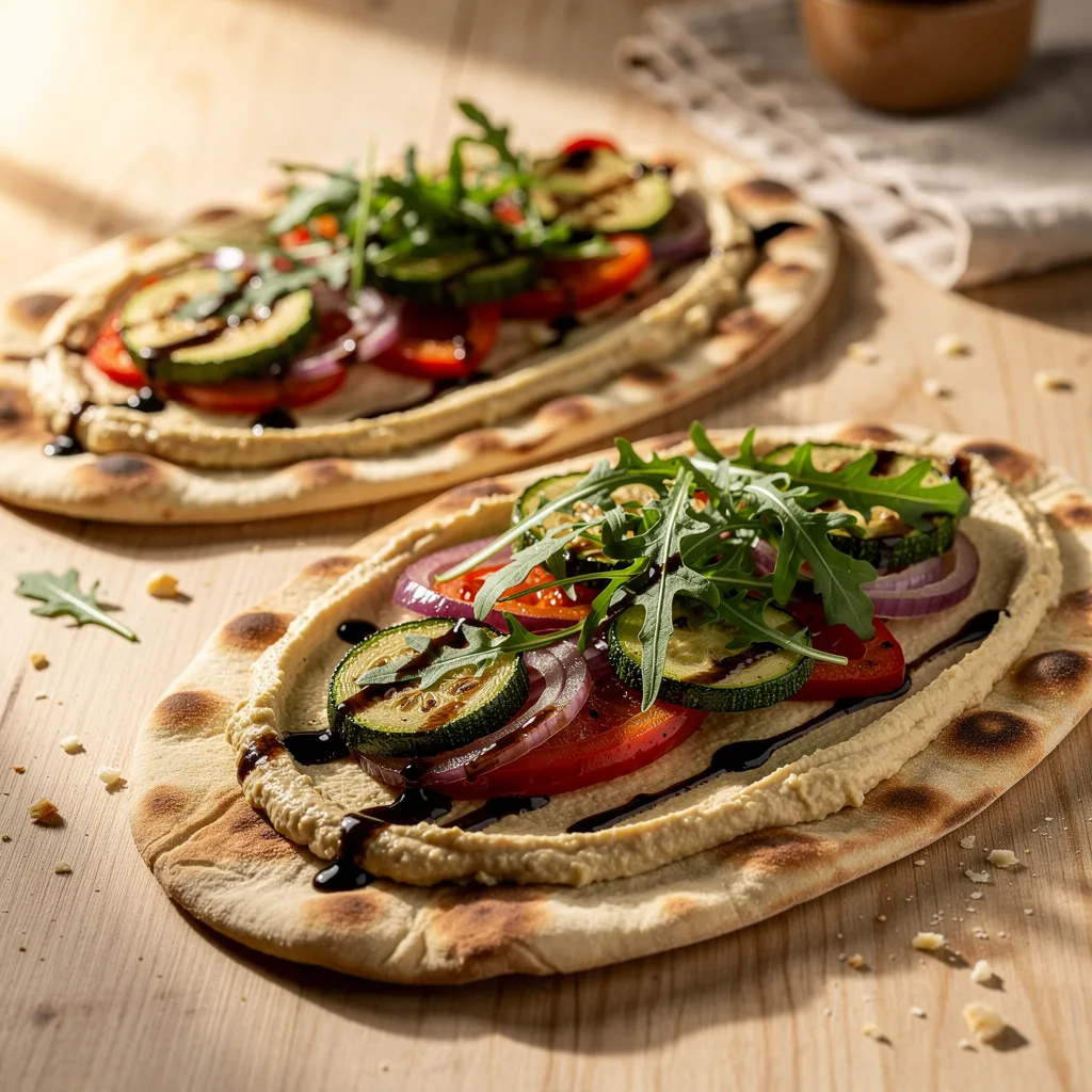 Two naan flatbreads spread with hummus, topped with roasted zucchini, red peppers, red onion, fresh arugula, and a drizzle of balsamic glaze.. Professional food photography, overhead 3/4 angle shot, warm natural window lighting from the left, shallow depth of field with soft bokeh background, light natural wood table surface, minimal props, hyper-realistic, 8K resolution, shot on 85mm lens at f/2.8 aperture, food magazine editorial style, vibrant but natural colors, no text or watermarks.