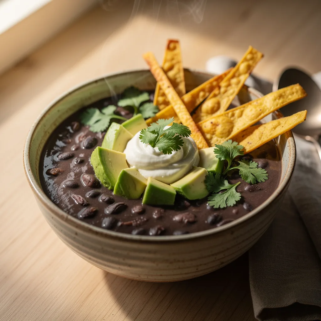 A bowl of thick black bean soup topped with diced avocado, crispy tortilla strips, a dollop of dairy-free sour cream, and fresh cilantro.. Professional food photography, overhead 3/4 angle shot, warm natural window lighting from the left, shallow depth of field with soft bokeh background, light natural wood table surface, minimal props, hyper-realistic, 8K resolution, shot on 85mm lens at f/2.8 aperture, food magazine editorial style, vibrant but natural colors, no text or watermarks.