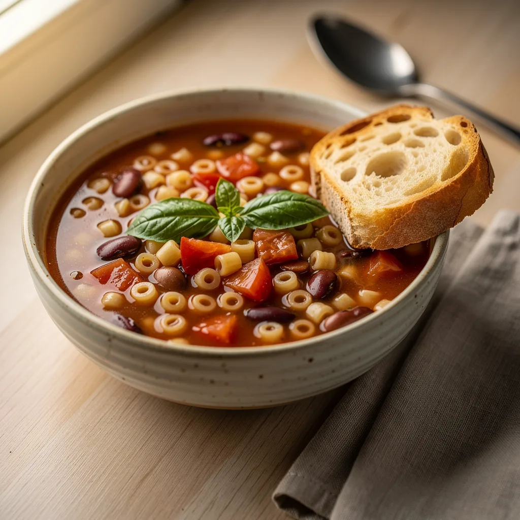 A bowl of thick Italian soup with small ditalini pasta, kidney beans, diced tomatoes, and fresh basil, with a crusty bread slice on the side.. Professional food photography, overhead 3/4 angle shot, warm natural window lighting from the left, shallow depth of field with soft bokeh background, light natural wood table surface, minimal props, hyper-realistic, 8K resolution, shot on 85mm lens at f/2.8 aperture, food magazine editorial style, vibrant but natural colors, no text or watermarks.