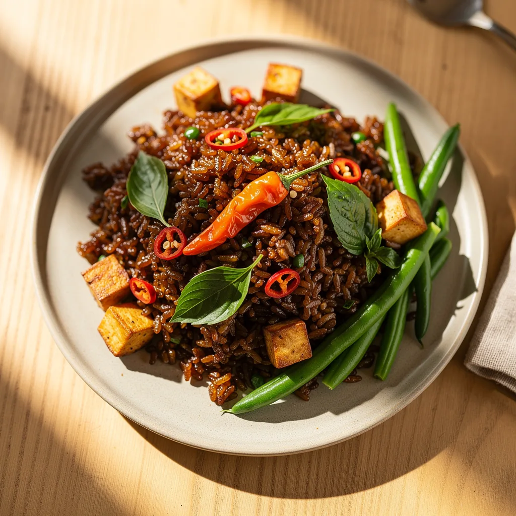 A plate of dark, glossy Thai basil fried rice with visible basil leaves, diced tofu, red chili slices, and green beans, with a fried chili garnish.. Professional food photography, overhead 3/4 angle shot, warm natural window lighting from the left, shallow depth of field with soft bokeh background, light natural wood table surface, minimal props, hyper-realistic, 8K resolution, shot on 85mm lens at f/2.8 aperture, food magazine editorial style, vibrant but natural colors, no text or watermarks.