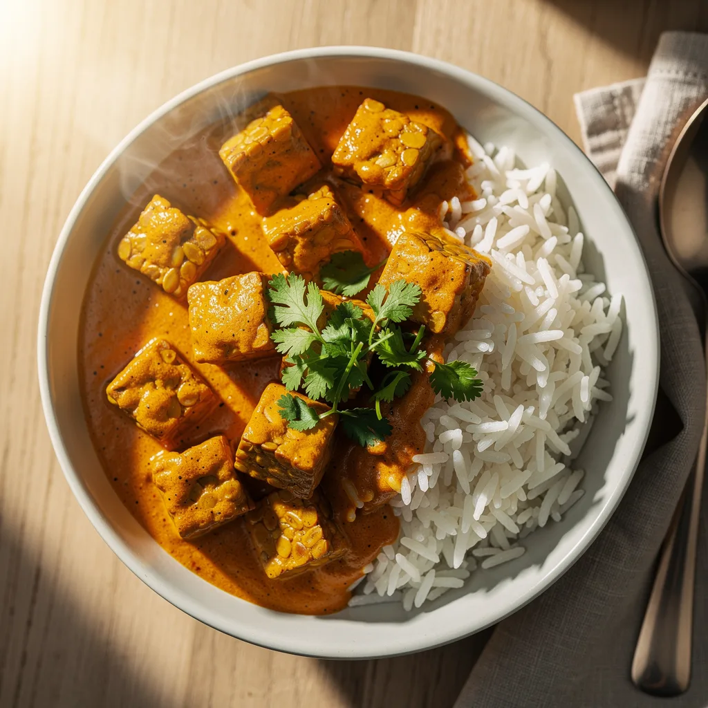 A bowl of golden tempeh cubes in a rich, creamy orange tikka masala sauce, garnished with cilantro, over basmati rice.. Professional food photography, overhead 3/4 angle shot, warm natural window lighting from the left, shallow depth of field with soft bokeh background, light natural wood table surface, minimal props, hyper-realistic, 8K resolution, shot on 85mm lens at f/2.8 aperture, food magazine editorial style, vibrant but natural colors, no text or watermarks.