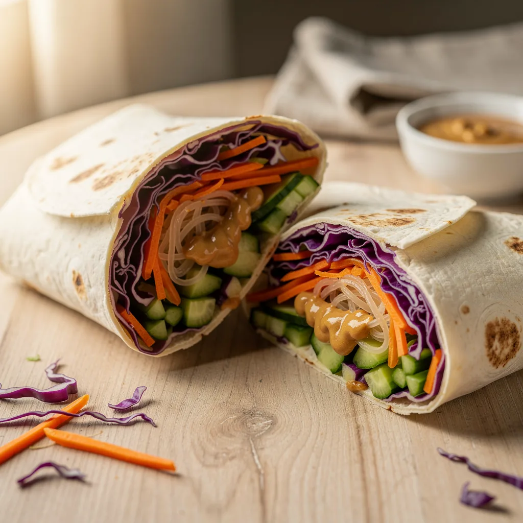 A flour tortilla wrap sliced in half showing layers of shredded purple cabbage, carrots, vermicelli noodles, cucumber, and creamy peanut sauce.. Professional food photography, overhead 3/4 angle shot, warm natural window lighting from the left, shallow depth of field with soft bokeh background, light natural wood table surface, minimal props, hyper-realistic, 8K resolution, shot on 85mm lens at f/2.8 aperture, food magazine editorial style, vibrant but natural colors, no text or watermarks.