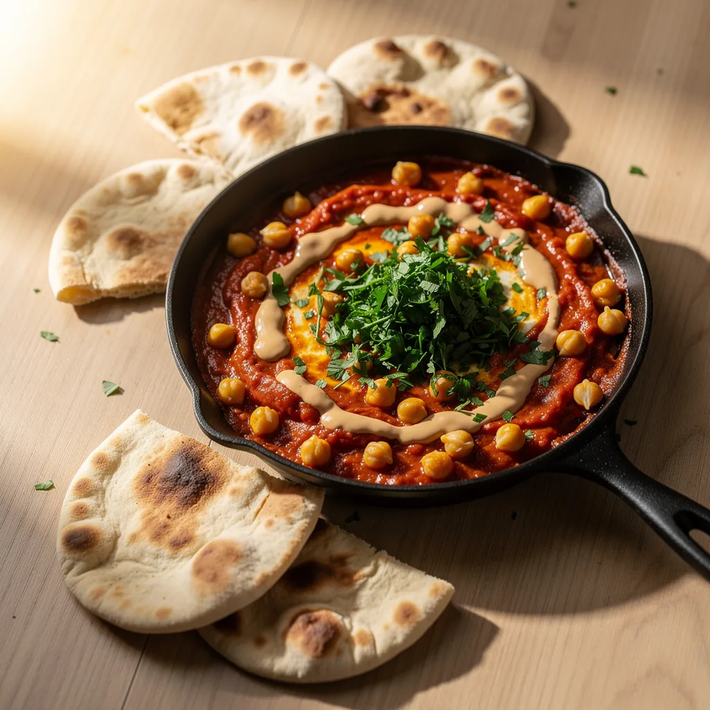 A cast-iron skillet of red shakshuka sauce with whole chickpeas, topped with fresh parsley and a drizzle of tahini, with pita bread alongside.. Professional food photography, overhead 3/4 angle shot, warm natural window lighting from the left, shallow depth of field with soft bokeh background, light natural wood table surface, minimal props, hyper-realistic, 8K resolution, shot on 85mm lens at f/2.8 aperture, food magazine editorial style, vibrant but natural colors, no text or watermarks.