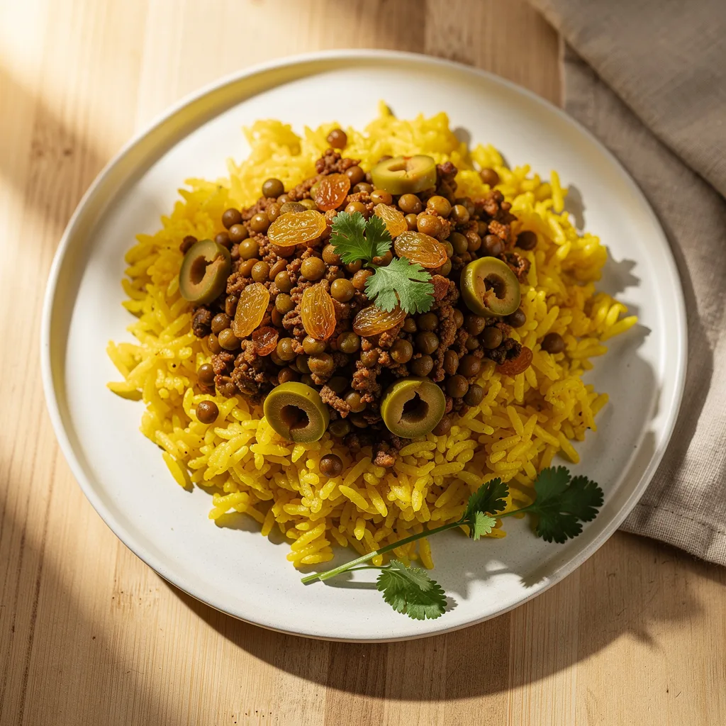 A plate of yellow turmeric rice topped with a saucy lentil picadillo studded with green olives and raisins, garnished with fresh cilantro.. Professional food photography, overhead 3/4 angle shot, warm natural window lighting from the left, shallow depth of field with soft bokeh background, light natural wood table surface, minimal props, hyper-realistic, 8K resolution, shot on 85mm lens at f/2.8 aperture, food magazine editorial style, vibrant but natural colors, no text or watermarks.