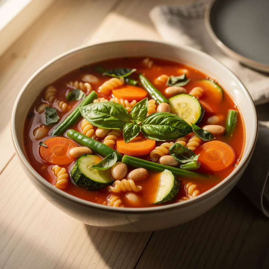 A large bowl of colorful minestrone soup with visible pasta, white beans, zucchini, green beans, and carrots in a tomato broth, topped with fresh basil.. Professional food photography, overhead 3/4 angle shot, warm natural window lighting from the left, shallow depth of field with soft bokeh background, light natural wood table surface, minimal props, hyper-realistic, 8K resolution, shot on 85mm lens at f/2.8 aperture, food magazine editorial style, vibrant but natural colors, no text or watermarks.