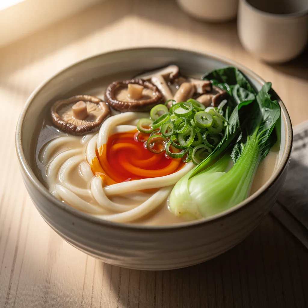 A deep bowl of thick udon noodles in a pale miso broth with shiitake mushrooms, baby bok choy halves, and a swirl of chili oil, topped with green onions.. Professional food photography, overhead 3/4 angle shot, warm natural window lighting from the left, shallow depth of field with soft bokeh background, light natural wood table surface, minimal props, hyper-realistic, 8K resolution, shot on 85mm lens at f/2.8 aperture, food magazine editorial style, vibrant but natural colors, no text or watermarks.