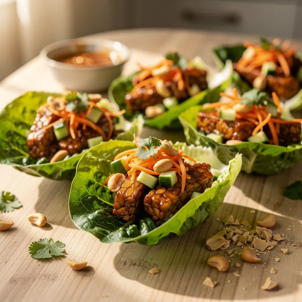 Crisp butter lettuce cups filled with crumbled peanut-glazed tempeh, topped with shredded carrots, diced cucumber, crushed peanuts, and fresh cilantro.. Professional food photography, overhead 3/4 angle shot, warm natural window lighting from the left, shallow depth of field with soft bokeh background, light natural wood table surface, minimal props, hyper-realistic, 8K resolution, shot on 85mm lens at f/2.8 aperture, food magazine editorial style, vibrant but natural colors, no text or watermarks.