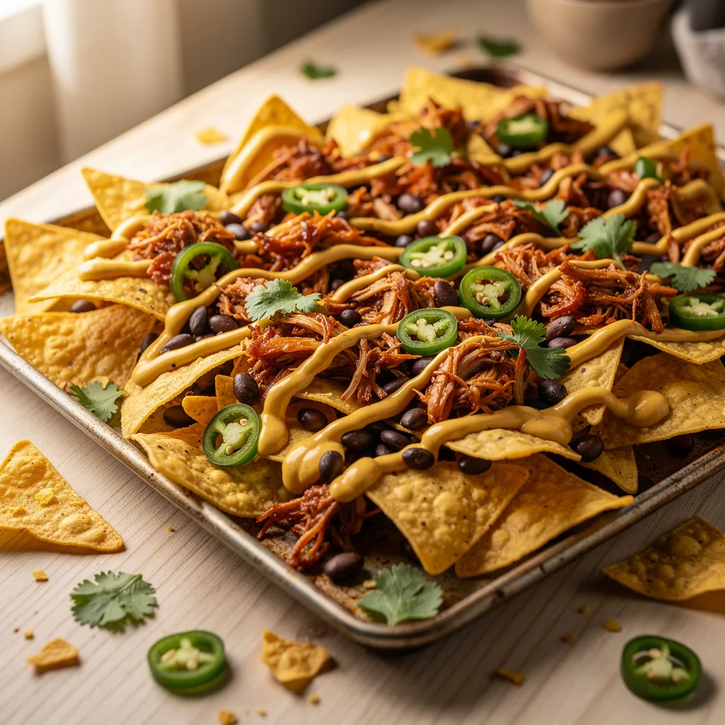 A sheet pan of loaded nachos with golden chips, shredded BBQ jackfruit, drizzled yellow cashew queso, black beans, jalapeños, and fresh cilantro.. Professional food photography, overhead 3/4 angle shot, warm natural window lighting from the left, shallow depth of field with soft bokeh background, light natural wood table surface, minimal props, hyper-realistic, 8K resolution, shot on 85mm lens at f/2.8 aperture, food magazine editorial style, vibrant but natural colors, no text or watermarks.
