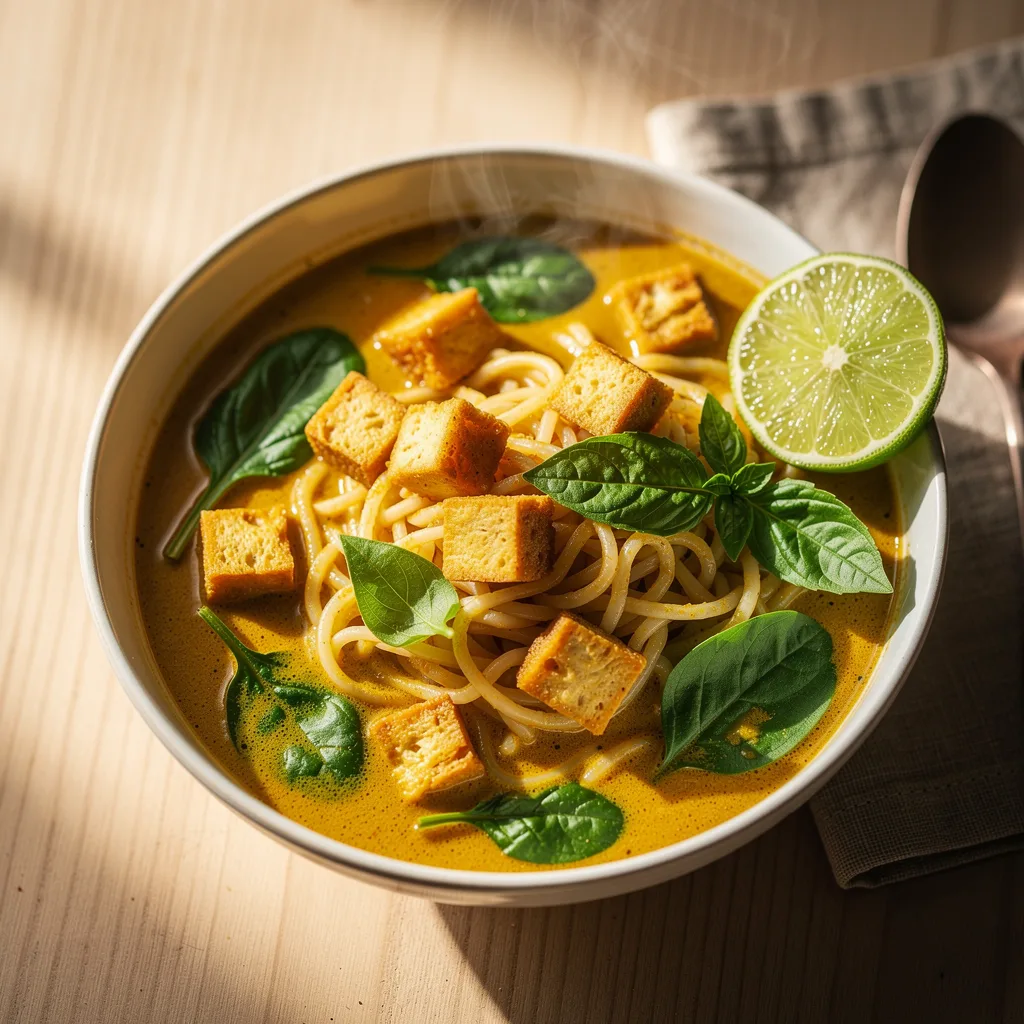 A bowl of rice noodles in a golden coconut curry broth with crispy tofu cubes, baby spinach, and fresh basil, with a lime wedge on the rim.. Professional food photography, overhead 3/4 angle shot, warm natural window lighting from the left, shallow depth of field with soft bokeh background, light natural wood table surface, minimal props, hyper-realistic, 8K resolution, shot on 85mm lens at f/2.8 aperture, food magazine editorial style, vibrant but natural colors, no text or watermarks.