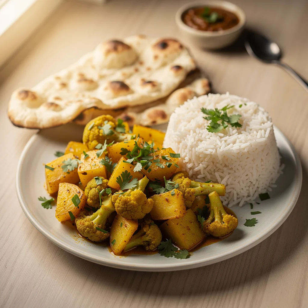 A plate of golden-yellow aloo gobi with cubed potatoes and cauliflower florets, garnished with fresh cilantro and served alongside basmati rice and naan.. Professional food photography, overhead 3/4 angle shot, warm natural window lighting from the left, shallow depth of field with soft bokeh background, light natural wood table surface, minimal props, hyper-realistic, 8K resolution, shot on 85mm lens at f/2.8 aperture, food magazine editorial style, vibrant but natural colors, no text or watermarks.