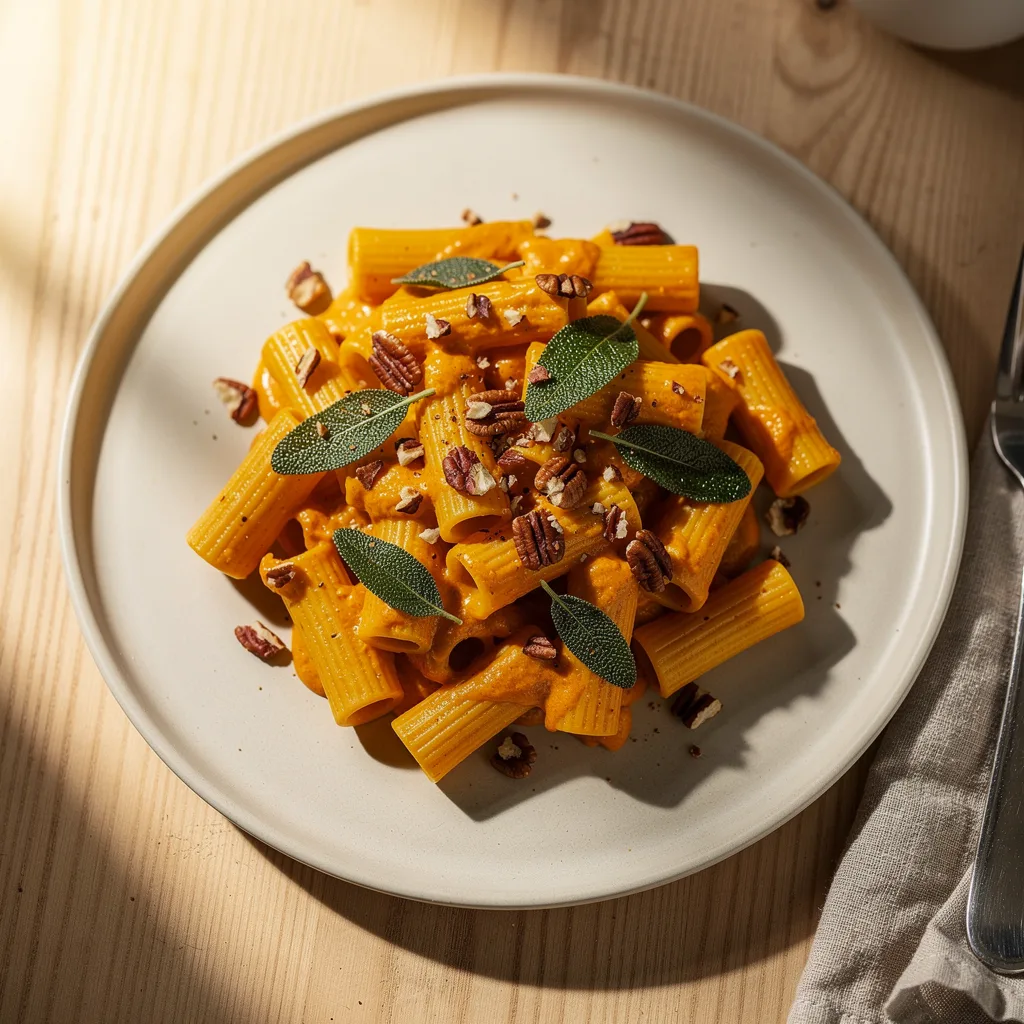 A plate of rigatoni pasta in a creamy orange pumpkin sauce, topped with crispy fried sage leaves and chopped toasted pecans.. Professional food photography, overhead 3/4 angle shot, warm natural window lighting from the left, shallow depth of field with soft bokeh background, light natural wood table surface, minimal props, hyper-realistic, 8K resolution, shot on 85mm lens at f/2.8 aperture, food magazine editorial style, vibrant but natural colors, no text or watermarks.