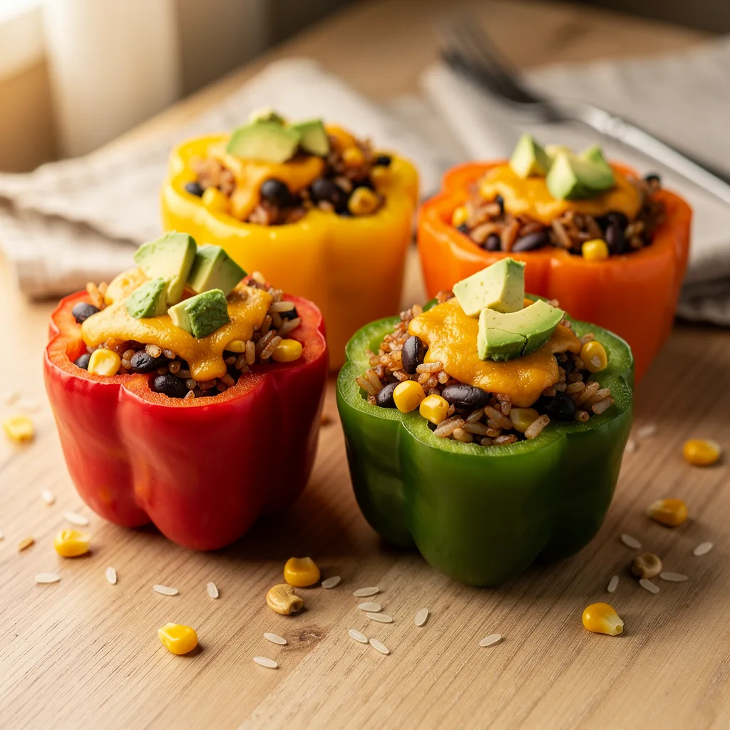Four colorful bell peppers stuffed with a rice, black bean, and corn mixture, topped with melted cashew cheese and diced avocado.. Professional food photography, overhead 3/4 angle shot, warm natural window lighting from the left, shallow depth of field with soft bokeh background, light natural wood table surface, minimal props, hyper-realistic, 8K resolution, shot on 85mm lens at f/2.8 aperture, food magazine editorial style, vibrant but natural colors, no text or watermarks.