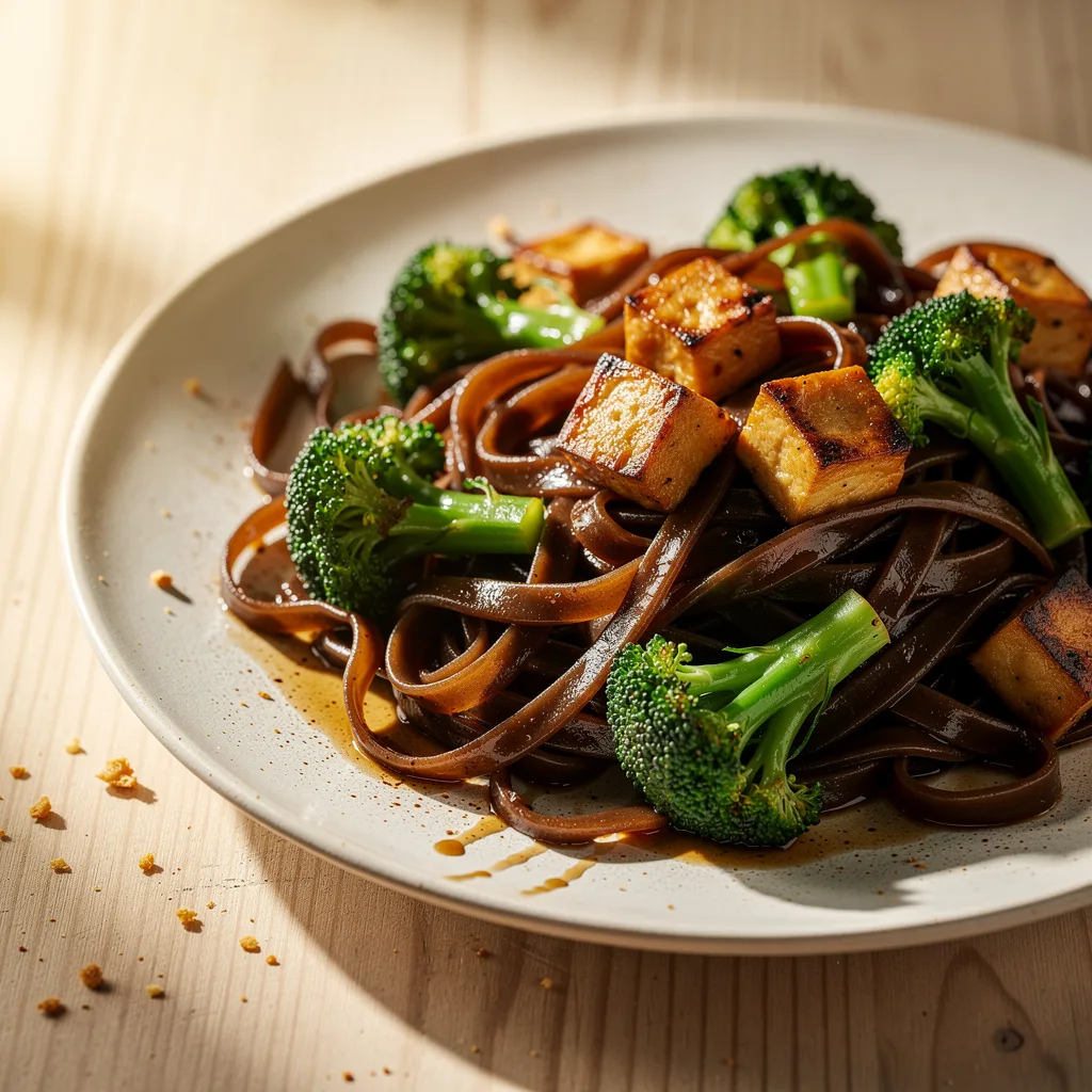 A plate of wide, glossy dark brown rice noodles with broccoli florets, golden tofu, and a slightly charred edge from the wok.. Professional food photography, overhead 3/4 angle shot, warm natural window lighting from the left, shallow depth of field with soft bokeh background, light natural wood table surface, minimal props, hyper-realistic, 8K resolution, shot on 85mm lens at f/2.8 aperture, food magazine editorial style, vibrant but natural colors, no text or watermarks.