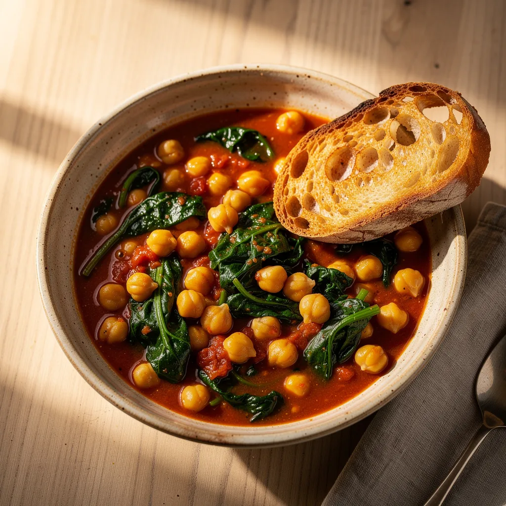 A wide bowl of Spanish chickpea and spinach stew in a rust-colored tomato sauce, served with a thick slice of toasted bread.. Professional food photography, overhead 3/4 angle shot, warm natural window lighting from the left, shallow depth of field with soft bokeh background, light natural wood table surface, minimal props, hyper-realistic, 8K resolution, shot on 85mm lens at f/2.8 aperture, food magazine editorial style, vibrant but natural colors, no text or watermarks.