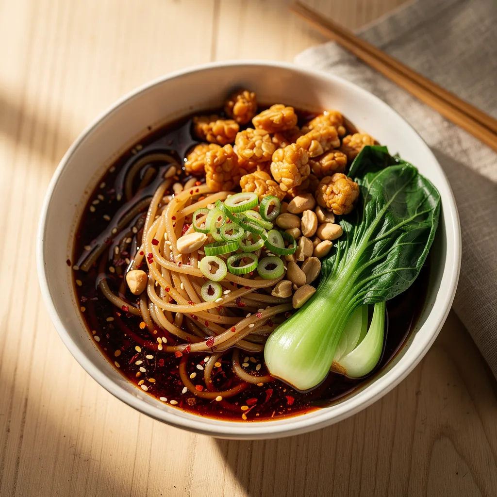 A bowl of thin noodles in a dark red chili-sesame sauce with crumbled tempeh, wilted bok choy, chopped peanuts, and sliced green onions.. Professional food photography, overhead 3/4 angle shot, warm natural window lighting from the left, shallow depth of field with soft bokeh background, light natural wood table surface, minimal props, hyper-realistic, 8K resolution, shot on 85mm lens at f/2.8 aperture, food magazine editorial style, vibrant but natural colors, no text or watermarks.