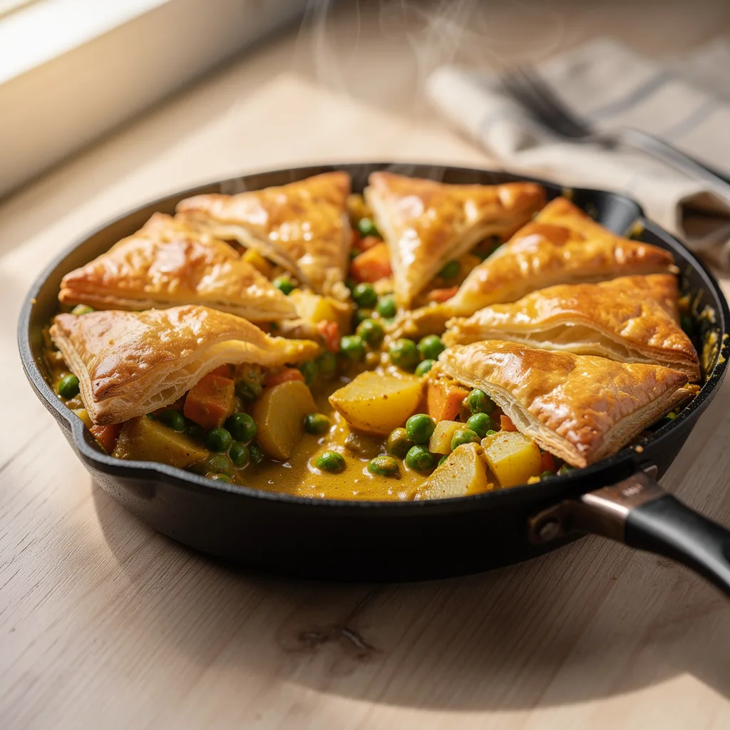 A skillet of creamy curried vegetable filling topped with golden puff pastry triangles, with steam rising and peas and potato cubes visible.. Professional food photography, overhead 3/4 angle shot, warm natural window lighting from the left, shallow depth of field with soft bokeh background, light natural wood table surface, minimal props, hyper-realistic, 8K resolution, shot on 85mm lens at f/2.8 aperture, food magazine editorial style, vibrant but natural colors, no text or watermarks.