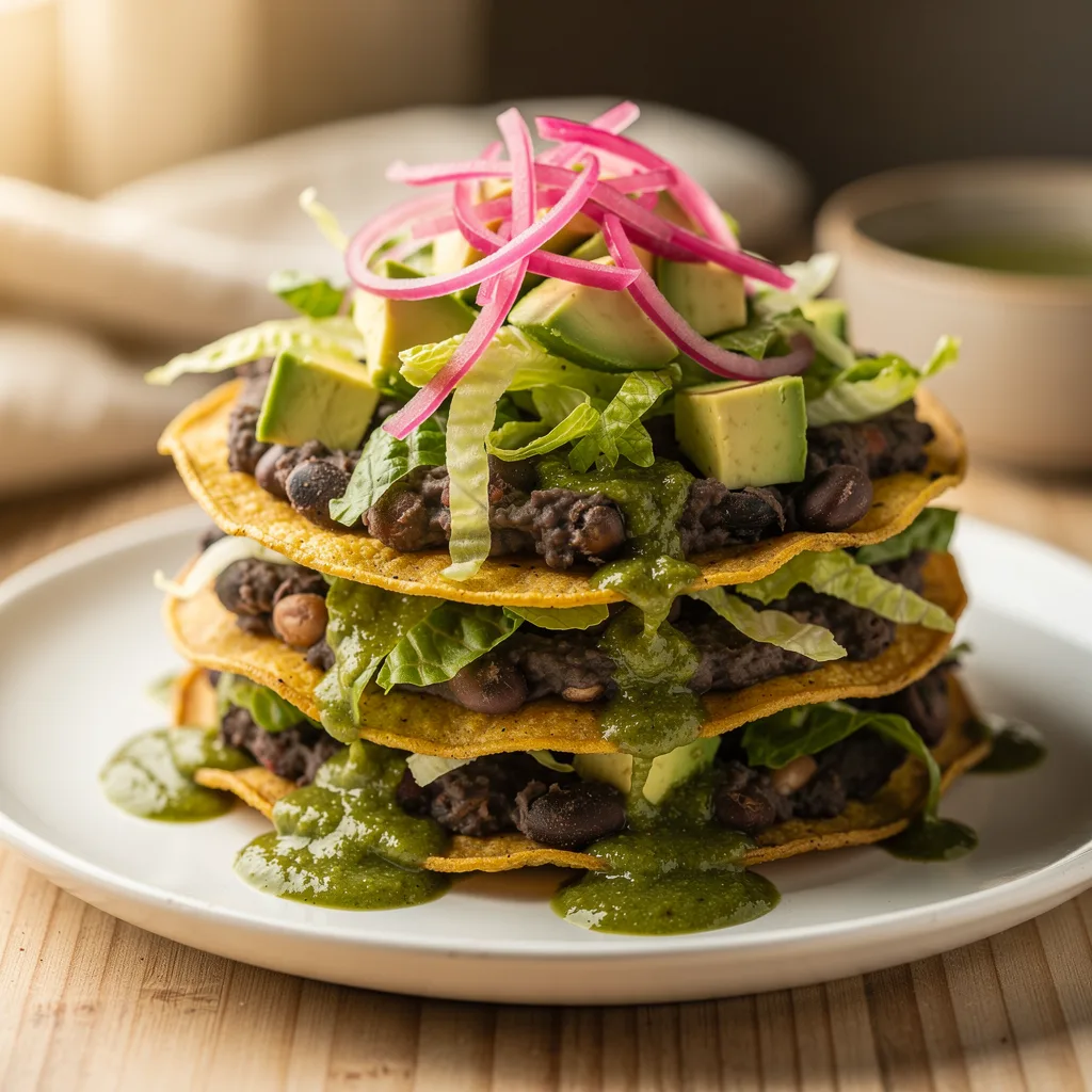 A tall stack of three crispy corn tostadas layered with smashed black beans, shredded romaine, diced avocado, pickled red onion, and drizzled salsa verde.. Professional food photography, overhead 3/4 angle shot, warm natural window lighting from the left, shallow depth of field with soft bokeh background, light natural wood table surface, minimal props, hyper-realistic, 8K resolution, shot on 85mm lens at f/2.8 aperture, food magazine editorial style, vibrant but natural colors, no text or watermarks.