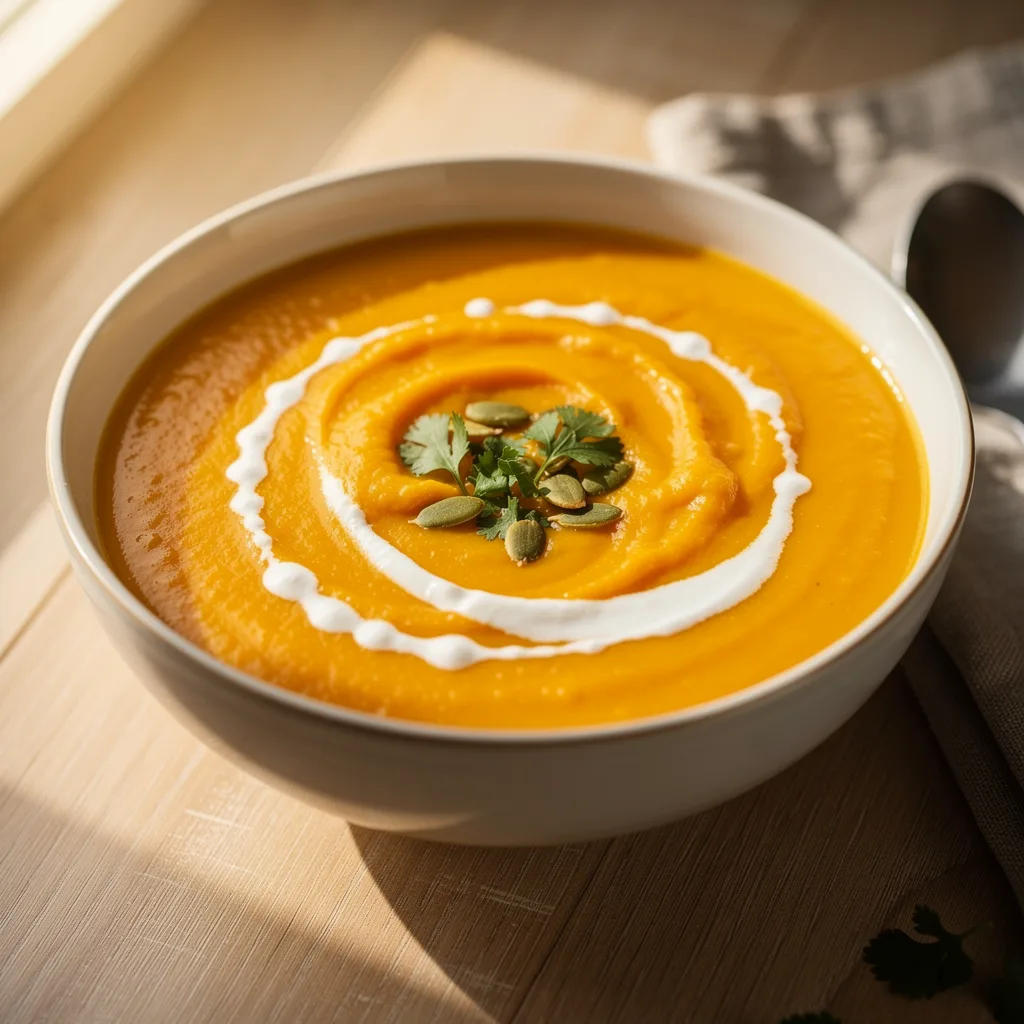 A bowl of smooth, bright orange butternut squash soup with a swirl of coconut cream, pepitas, and a sprinkle of cilantro.. Professional food photography, overhead 3/4 angle shot, warm natural window lighting from the left, shallow depth of field with soft bokeh background, light natural wood table surface, minimal props, hyper-realistic, 8K resolution, shot on 85mm lens at f/2.8 aperture, food magazine editorial style, vibrant but natural colors, no text or watermarks.