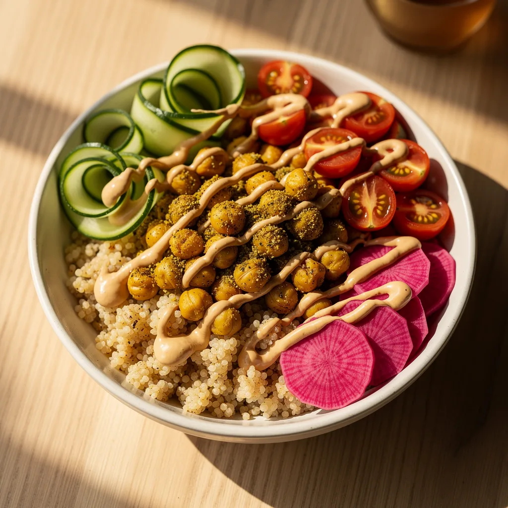 A grain bowl of fluffy couscous topped with golden za'atar-spiced chickpeas, shaved cucumber ribbons, cherry tomatoes, pink pickled turnip, and a creamy tahini drizzle.. Professional food photography, overhead 3/4 angle shot, warm natural window lighting from the left, shallow depth of field with soft bokeh background, light natural wood table surface, minimal props, hyper-realistic, 8K resolution, shot on 85mm lens at f/2.8 aperture, food magazine editorial style, vibrant but natural colors, no text or watermarks.