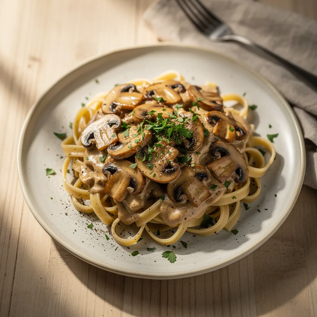A plate of wide noodles topped with creamy mushroom stroganoff sauce with visible mushroom slices, garnished with fresh parsley and a crack of black pepper.. Professional food photography, overhead 3/4 angle shot, warm natural window lighting from the left, shallow depth of field with soft bokeh background, light natural wood table surface, minimal props, hyper-realistic, 8K resolution, shot on 85mm lens at f/2.8 aperture, food magazine editorial style, vibrant but natural colors, no text or watermarks.