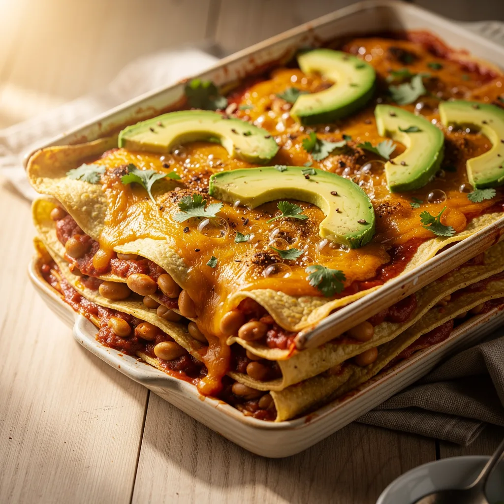 A bubbling enchilada casserole in a baking dish with layers of corn tortillas, red sauce, and pinto beans visible from the side, topped with avocado and cilantro.. Professional food photography, overhead 3/4 angle shot, warm natural window lighting from the left, shallow depth of field with soft bokeh background, light natural wood table surface, minimal props, hyper-realistic, 8K resolution, shot on 85mm lens at f/2.8 aperture, food magazine editorial style, vibrant but natural colors, no text or watermarks.
