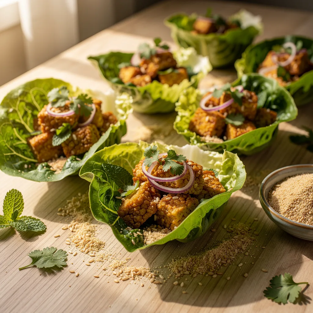 Crisp butter lettuce cups filled with crumbled seasoned tofu, scattered with fresh mint, cilantro, sliced shallots, and a sprinkle of toasted rice powder.. Professional food photography, overhead 3/4 angle shot, warm natural window lighting from the left, shallow depth of field with soft bokeh background, light natural wood table surface, minimal props, hyper-realistic, 8K resolution, shot on 85mm lens at f/2.8 aperture, food magazine editorial style, vibrant but natural colors, no text or watermarks.