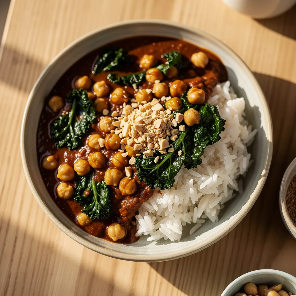 A deep bowl of reddish-brown peanut stew with chickpeas and dark green kale, served over rice with a sprinkle of chopped peanuts.. Professional food photography, overhead 3/4 angle shot, warm natural window lighting from the left, shallow depth of field with soft bokeh background, light natural wood table surface, minimal props, hyper-realistic, 8K resolution, shot on 85mm lens at f/2.8 aperture, food magazine editorial style, vibrant but natural colors, no text or watermarks.