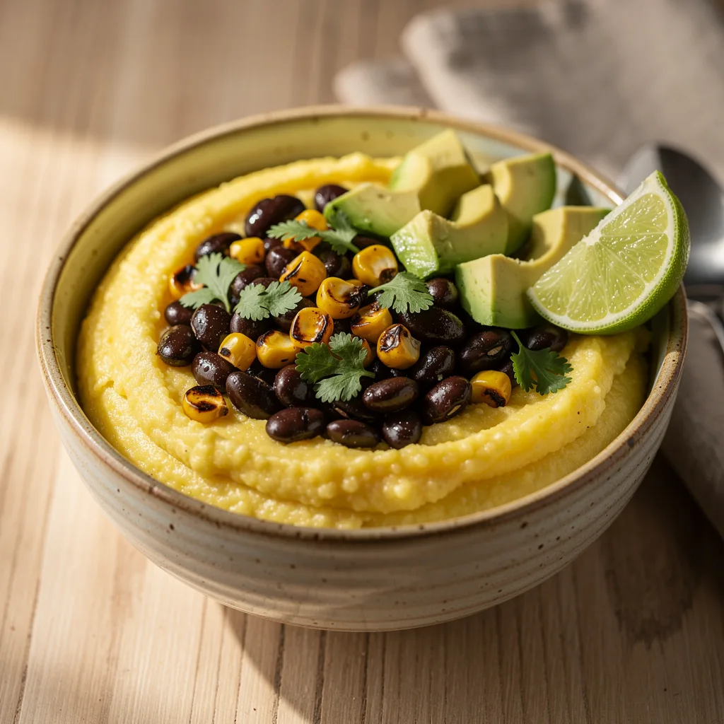 A bowl of creamy yellow polenta topped with smoky black beans, charred corn kernels, diced avocado, fresh cilantro, and a lime wedge.. Professional food photography, overhead 3/4 angle shot, warm natural window lighting from the left, shallow depth of field with soft bokeh background, light natural wood table surface, minimal props, hyper-realistic, 8K resolution, shot on 85mm lens at f/2.8 aperture, food magazine editorial style, vibrant but natural colors, no text or watermarks.