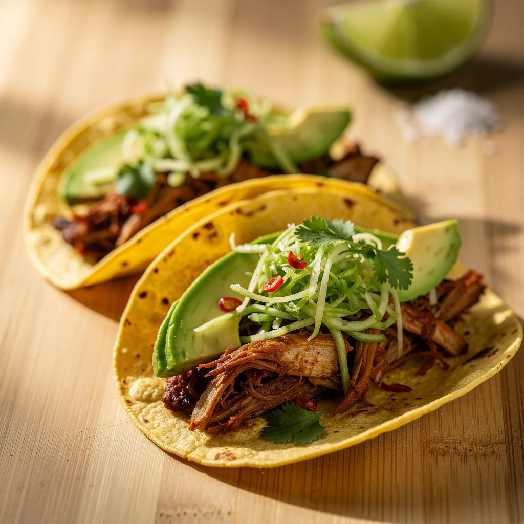 Three corn tortilla tacos filled with smoky shredded chipotle jackfruit, topped with a bright green cilantro-lime slaw and sliced avocado.. Professional food photography, overhead 3/4 angle shot, warm natural window lighting from the left, shallow depth of field with soft bokeh background, light natural wood table surface, minimal props, hyper-realistic, 8K resolution, shot on 85mm lens at f/2.8 aperture, food magazine editorial style, vibrant but natural colors, no text or watermarks.