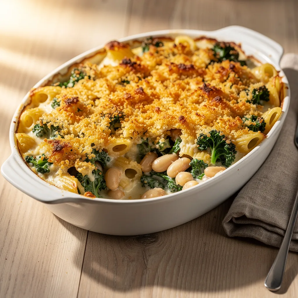 A golden-topped pasta bake in a casserole dish with visible kale, white beans, and creamy sauce beneath the crispy breadcrumb layer.. Professional food photography, overhead 3/4 angle shot, warm natural window lighting from the left, shallow depth of field with soft bokeh background, light natural wood table surface, minimal props, hyper-realistic, 8K resolution, shot on 85mm lens at f/2.8 aperture, food magazine editorial style, vibrant but natural colors, no text or watermarks.