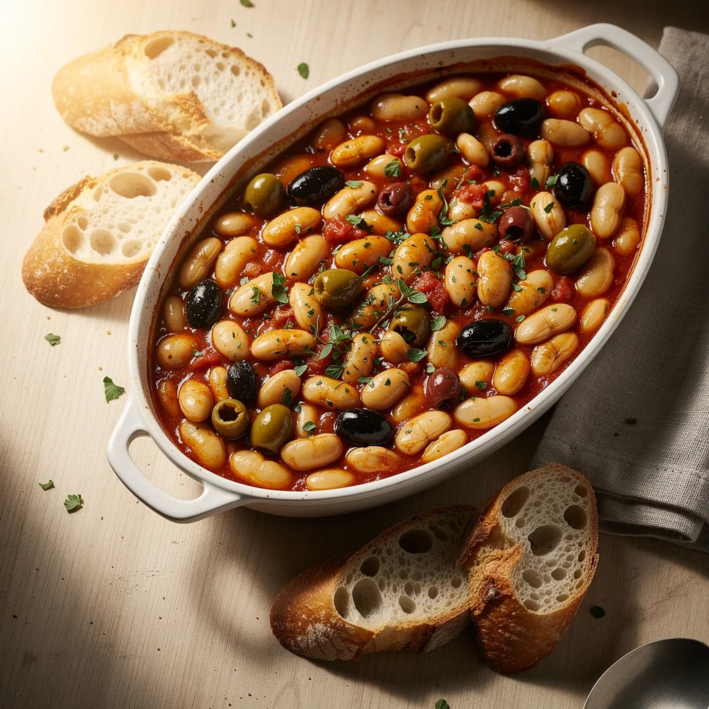 A bubbling oval baking dish of large butter beans in a rich tomato sauce with olives and fresh herbs, served with slices of crusty bread.. Professional food photography, overhead 3/4 angle shot, warm natural window lighting from the left, shallow depth of field with soft bokeh background, light natural wood table surface, minimal props, hyper-realistic, 8K resolution, shot on 85mm lens at f/2.8 aperture, food magazine editorial style, vibrant but natural colors, no text or watermarks.